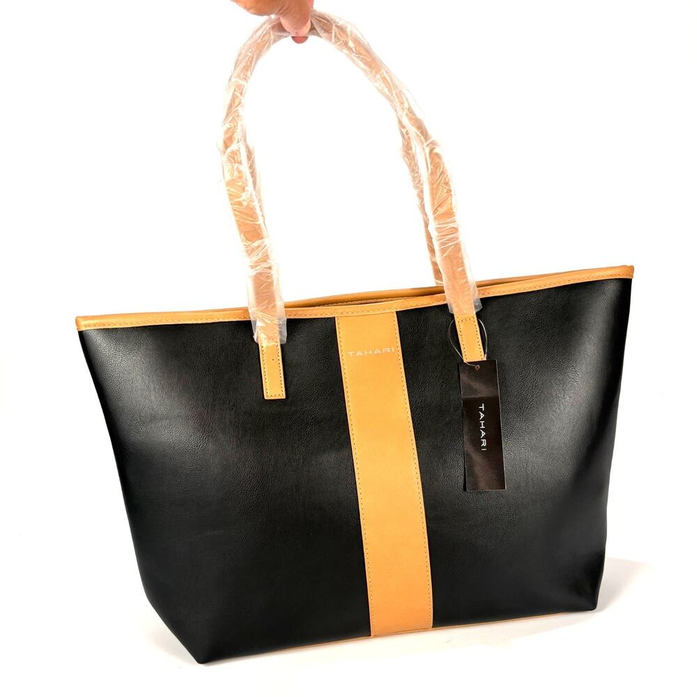 Tahari Tote TN1333/B69C Kristen Black W/Vachetta Trim Zip Closure Large Bag NWT